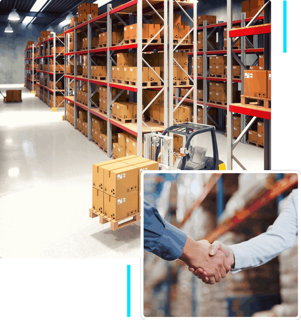 Group 1321317194 Warehouse shelves and handshake in inset image.