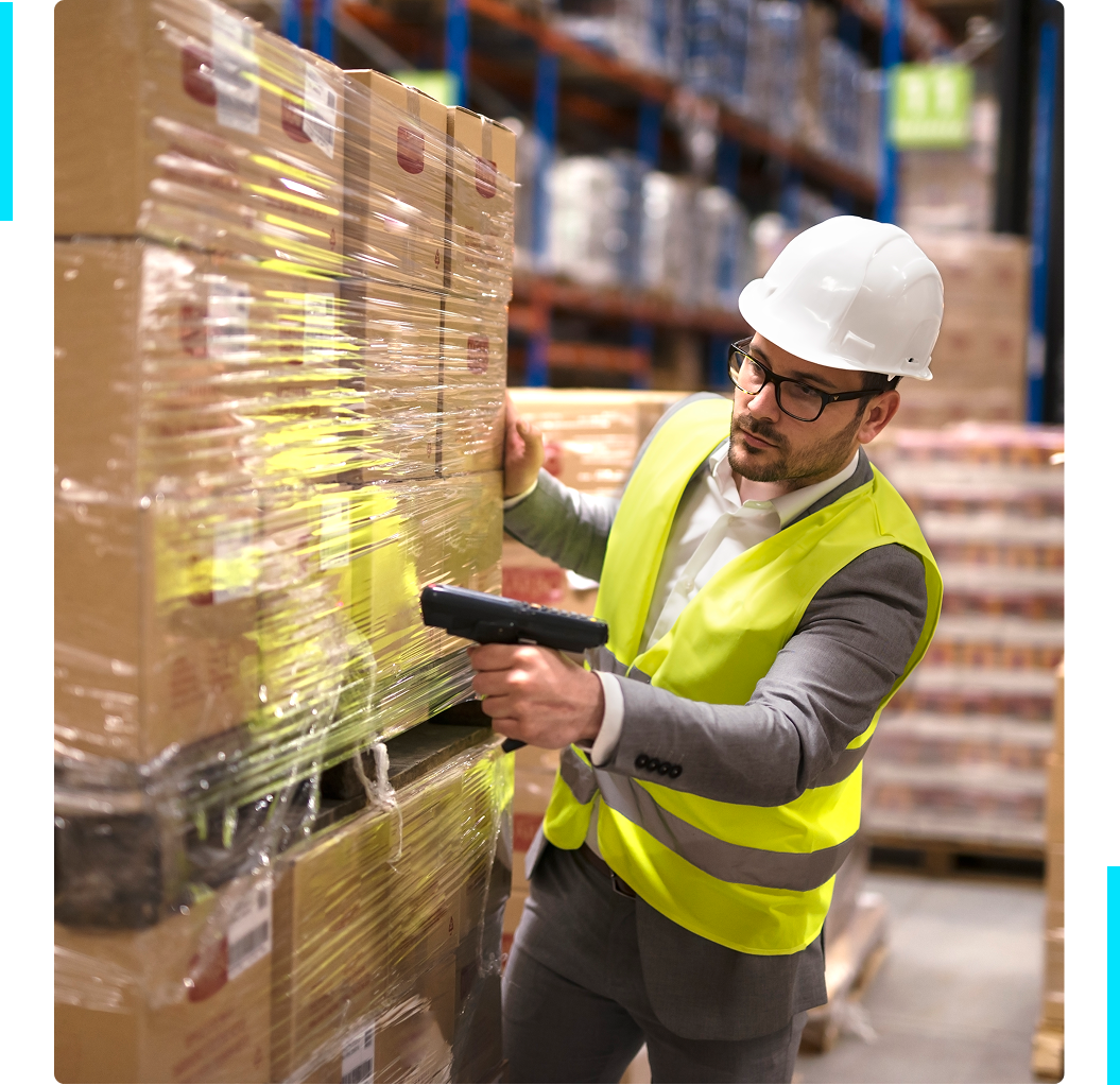 Group 1321317239 Warehouse worker scanning boxes with device.